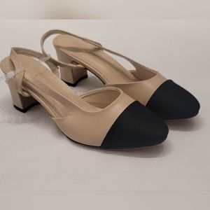 FOWT Beige And Black PointedToe Chunky Heel Slingback Pumps